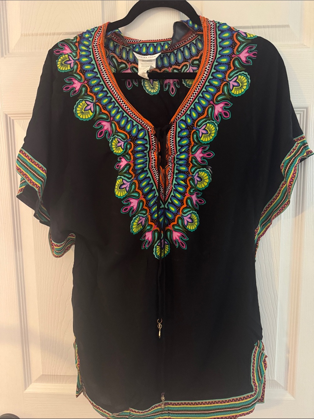 Trina Turk Black Coverup Tunic with Multicolor Embroidered V-Neck